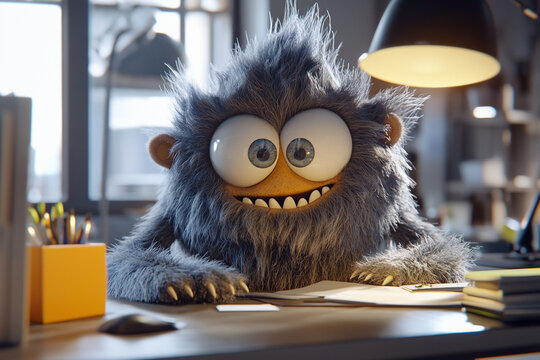 Adorable monster student in classroom, Funny monster at work desk. Humor, fun workdays or school atmosphere, Back to school exam preparation concept