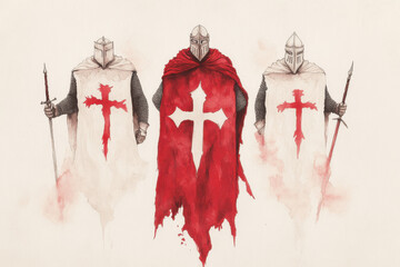 Three knights are standing in front of a cross