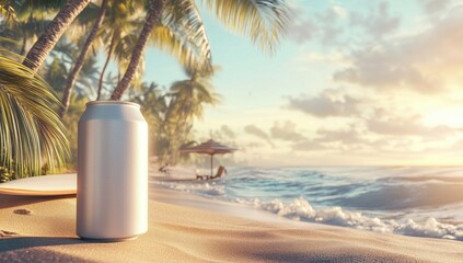Fototapeta premium Seaside Refreshment: An inviting image of a blank aluminum beverage can placed on a sun-kissed beach, palm trees swaying gently in the breeze, and the ocean stretching out towards the horizon.
