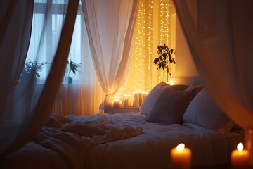 Warm and Cozy Romantic Bedroom with Soft Drapery and Inviting Candle Lighting