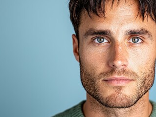 Fototapeta premium Intense portrait of a young man studio setting headshot photography neutral background direct view expression of confidence