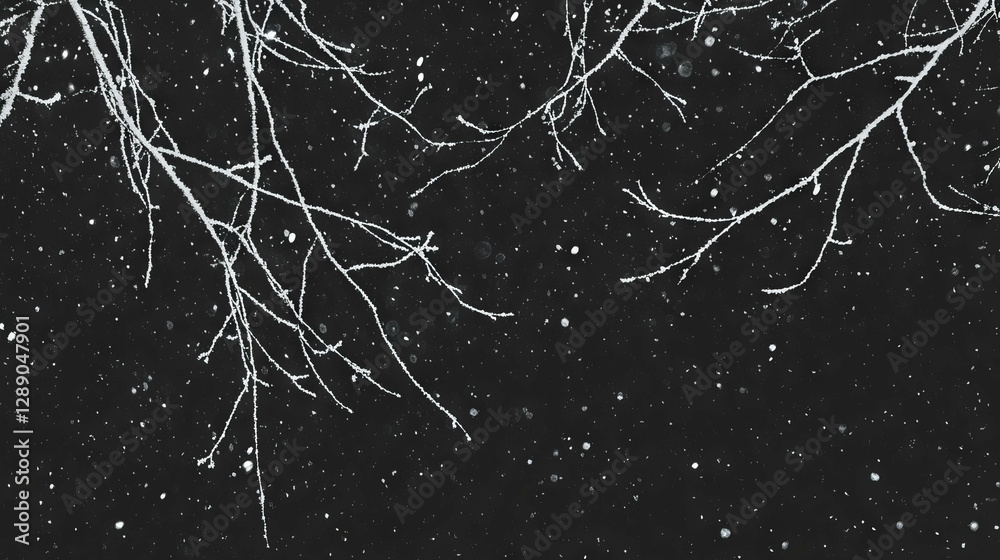 Poster winter serenity scene of snowfall on bare tree branches ideal for seasonal design