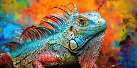 Fototapeta premium Colorful lizard with blue and red scales