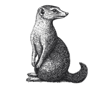 Antique style mongoose illustration, wildlife vector, predator art, hand-drawn black sketch effect, trendy print design, small animal, vintage engraving, nature print.