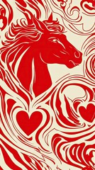 Fototapeta premium Red horse head art deco design, swirls background, Valentine's Day card