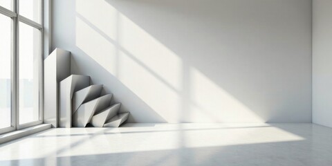 Fototapeta premium Abstract Modern Minimalist Interior Design with Geometric Staircase Element and Sunlight Streaming Through a Large Window