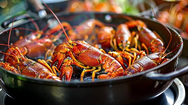 crayfish are cooked in a pot
