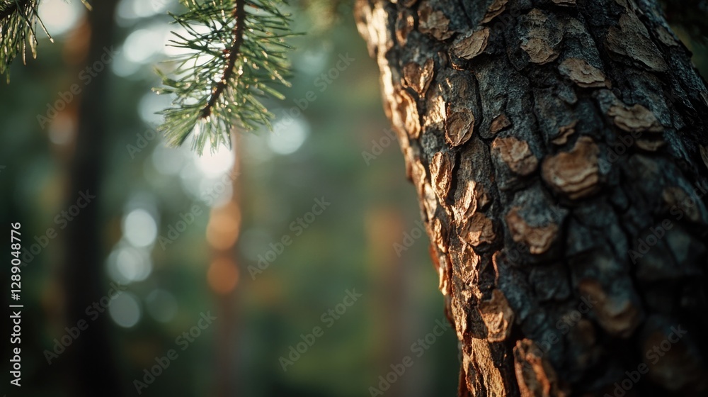 Poster a close-up shot of a tree trunk in a forest, perfect for use in nature and outdoor-themed projects