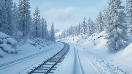 Snowy winter landscape with a train track winding through a snow covered forest.  Blue sky, cold atmosphere