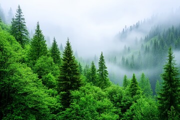 Obraz premium Morning Mist in the Mountain Forest - Lush green mountain forest shrouded in mist, symbolizing serenity, mystery, nature, growth, and renewal