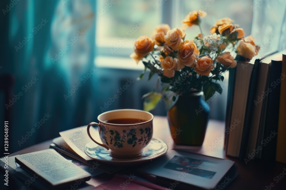 Poster a person enjoys reading with a cup of coffee on a table