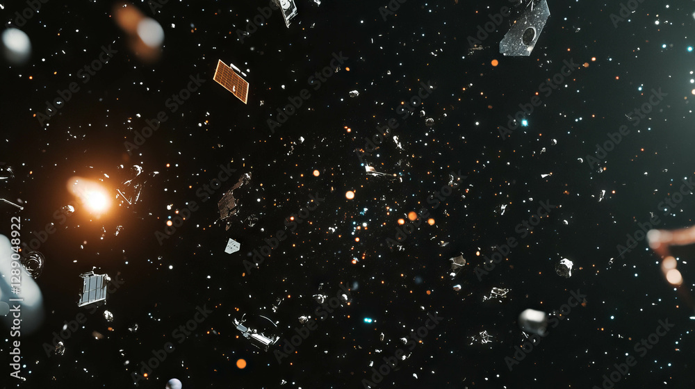 Aufkleber Cosmic chaos of space debris and metallic fragments in outer space