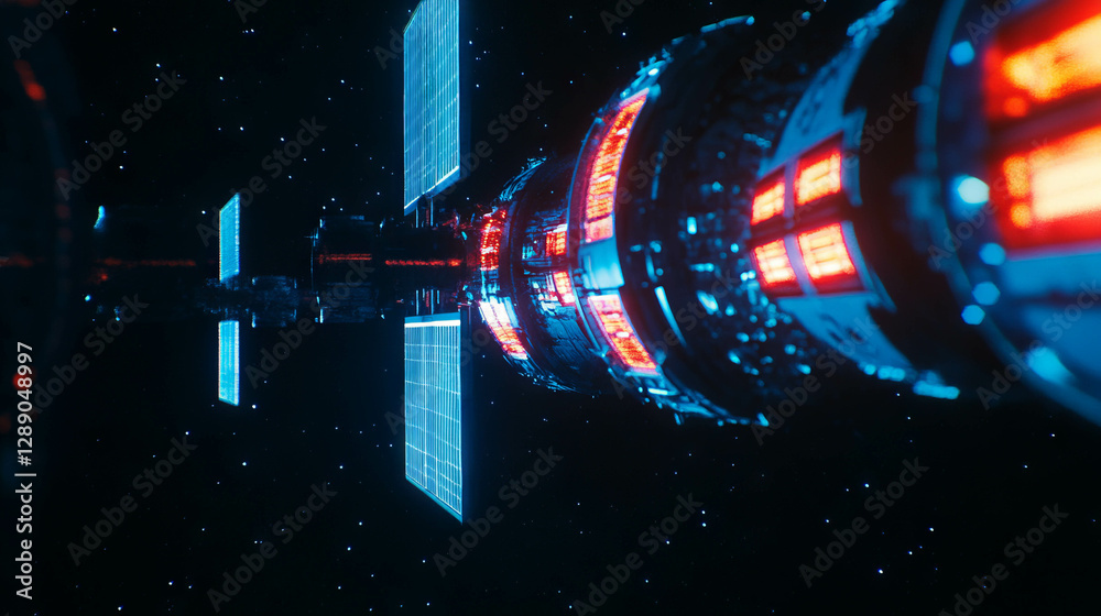 Poster futuristic space station with glowing windows in deep space