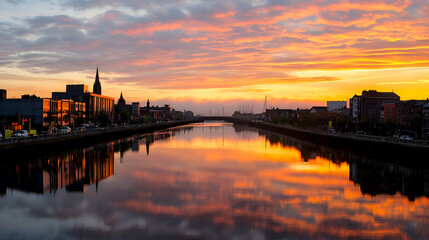 Naklejka premium Orange Sunset over City River Reflection