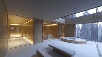 Naklejka premium Modern office lobby, city view, minimalist design, calm atmosphere, corporate workspace