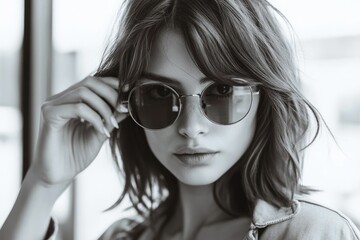 Naklejka premium A young woman with wavy hair, wearing round sunglasses, looks intensely at the camera.