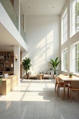 Sunlit Modern Home Interior Design with Light Wood Furniture and Large Windows