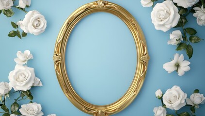 Golden Frame with Floral Elegance: An ornate golden frame, surrounded by delicate white roses on a sky blue backdrop, exudes timeless elegance and invites a sense of refined beauty. 