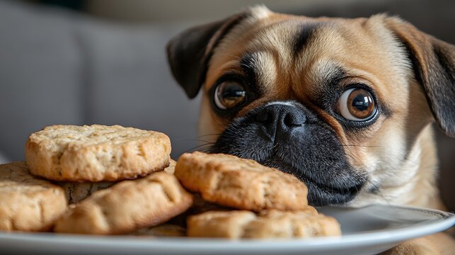 Curious pug staring intensely at plate of crunchy dog biscuits ready to take bite. Home setting emphasizes bond between pets and their favorite treats
