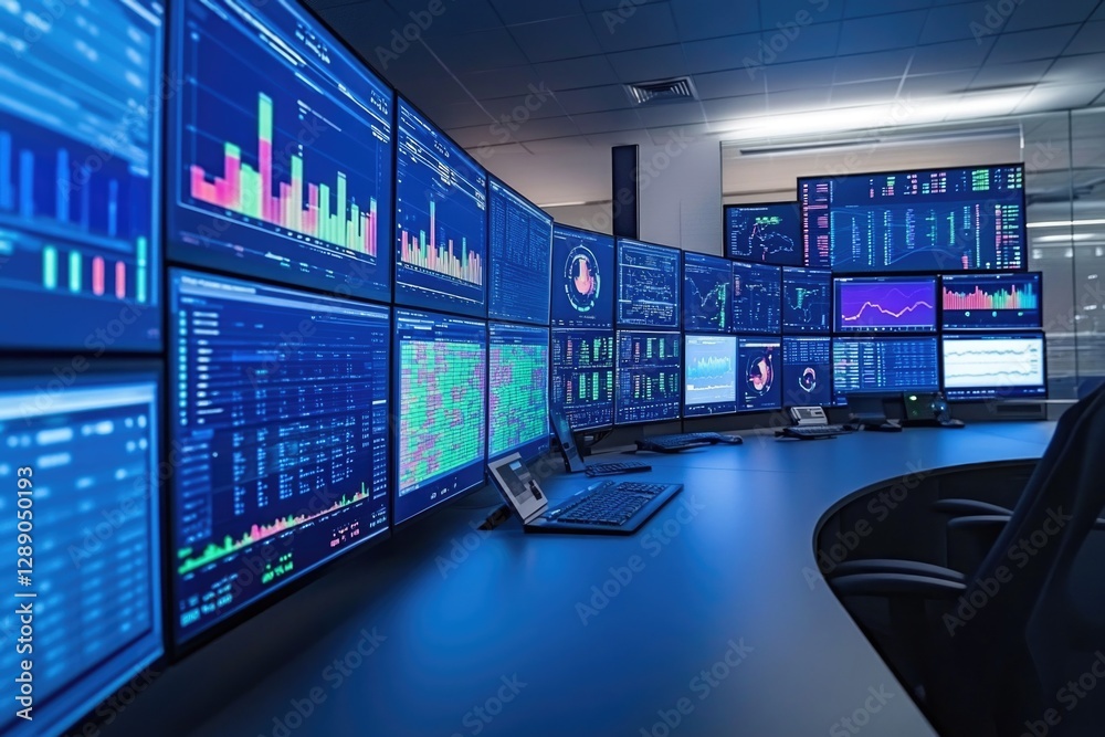 Poster A modern workspace setup with multiple screens and devices