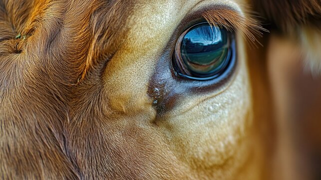 Close-up shot of a brown cow's eye with a detailed expression