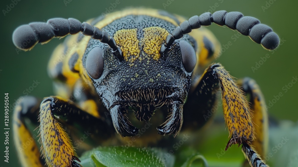 Poster A close-up image of a bee sitting on a leaf, showcasing its tiny features