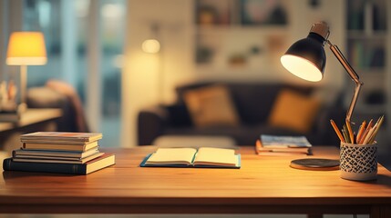 A study desk setup with a wooden table, a lamp providing light, and books stacked on top