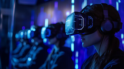 Immersive virtual reality training session with employees wearing futuristic VR headsets engaging in cybersecurity simulations in high-tech digital environment for interactive learning and development