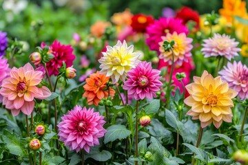 Mymixzer3 Garden Dahlia Delight - Vibrant dahlia blooms symbolize beauty, passion, elegance, inner strength, and lasting commitment. A breathtaking garden scene