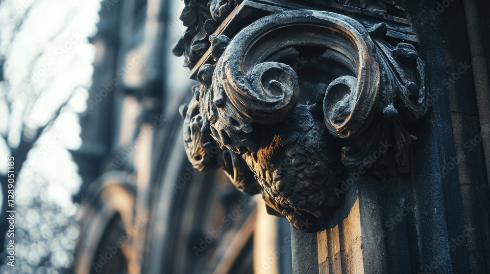 Poster a close-up shot of a stone face on a building facade, with intricate carvings and details