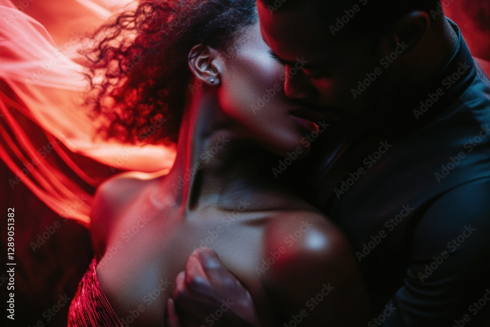Poster a couple embracing each other in a romantic setting with red lighting