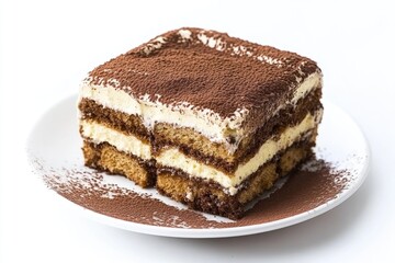 A slice of cake on a plate covered in powdered sugar, perfect for desserts or special occasions