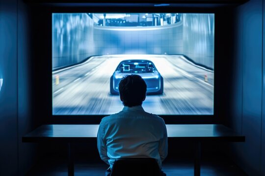 A person views a simulation of a car driving through a tunnel on a large screen.