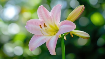 Fototapeta premium A single pink flower blooms in a lush green garden, surrounded by leaves and stems