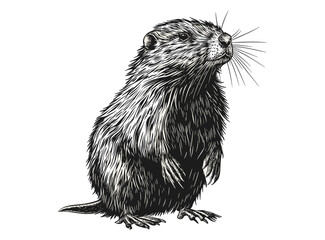 Vintage art hand-drawn muskrat, black sketch effect, trendy illustration, animal print, old engraving style, wildlife artwork, nature decor, rustic home design.
