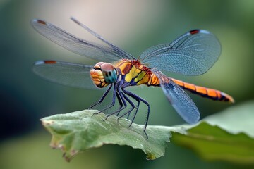 A small dragonfly sits on the edge of a green leaf, its body and wings a vibrant shade
