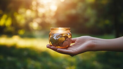 Hand Holding Glass Jar Filled with Coins and Natural Background