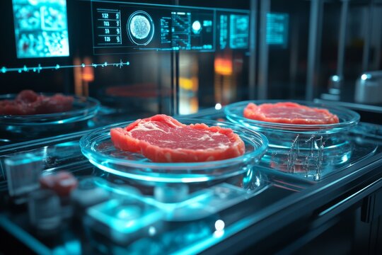 Lab-grown meat on display in futuristic laboratory setting