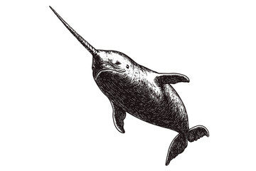 Hand-drawn narwhal in antique style, vintage wildlife illustration, aquatic animal vector, black sketch effect, ocean art, wildlife print design, rodent, nature sketch. © Vintage Studio