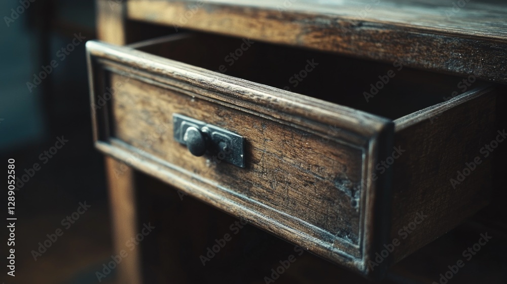 Poster a close-up view of a drawer on a wooden table, ideal for use in interior design or lifestyle photogr