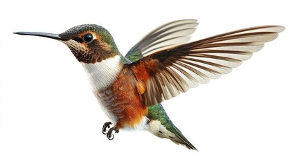 Fototapeta premium Close-Up of a Hummingbird in Flight with Outstretched Wings Against a White Background