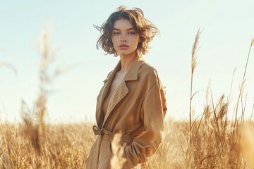 A woman with short brown hair stands in a field of tall grass wearing a tan coat.