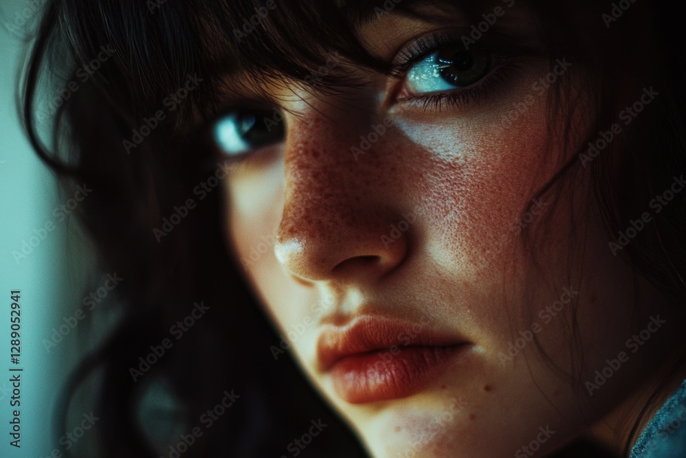 Poster A close-up view of a woman's face with freckles, ideal for use in personal or professional projects where a unique facial feature is required