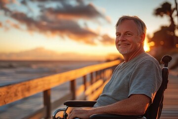 A smiling senior man in a wheelchair enjoys a beautiful sunset at the beach.