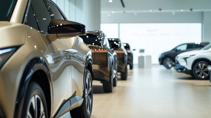 A car showroom displaying hybrid electric crossovers. Featuring family-friendly and green design