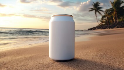 Tropical Refreshment: An elegantly simple, blank aluminum beverage can rests on a sandy beach, with the soft light of the ocean casting a tranquil glow, capturing the essence of summer relaxation. 