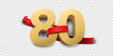 80th Year anniversary celebration background. 3D Golden number wrapped with red ribbon and confetti, isolated on transparent background.