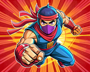 Pop art comic book style super ninja punching in mask