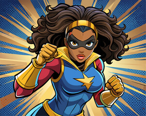 Pop art comic book style super heroine punching with girl superhero costume poster design wall decoration illustration