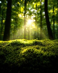 Obraz premium Sunlight filtering through lush green forest nature scene mossy ground tranquil environment